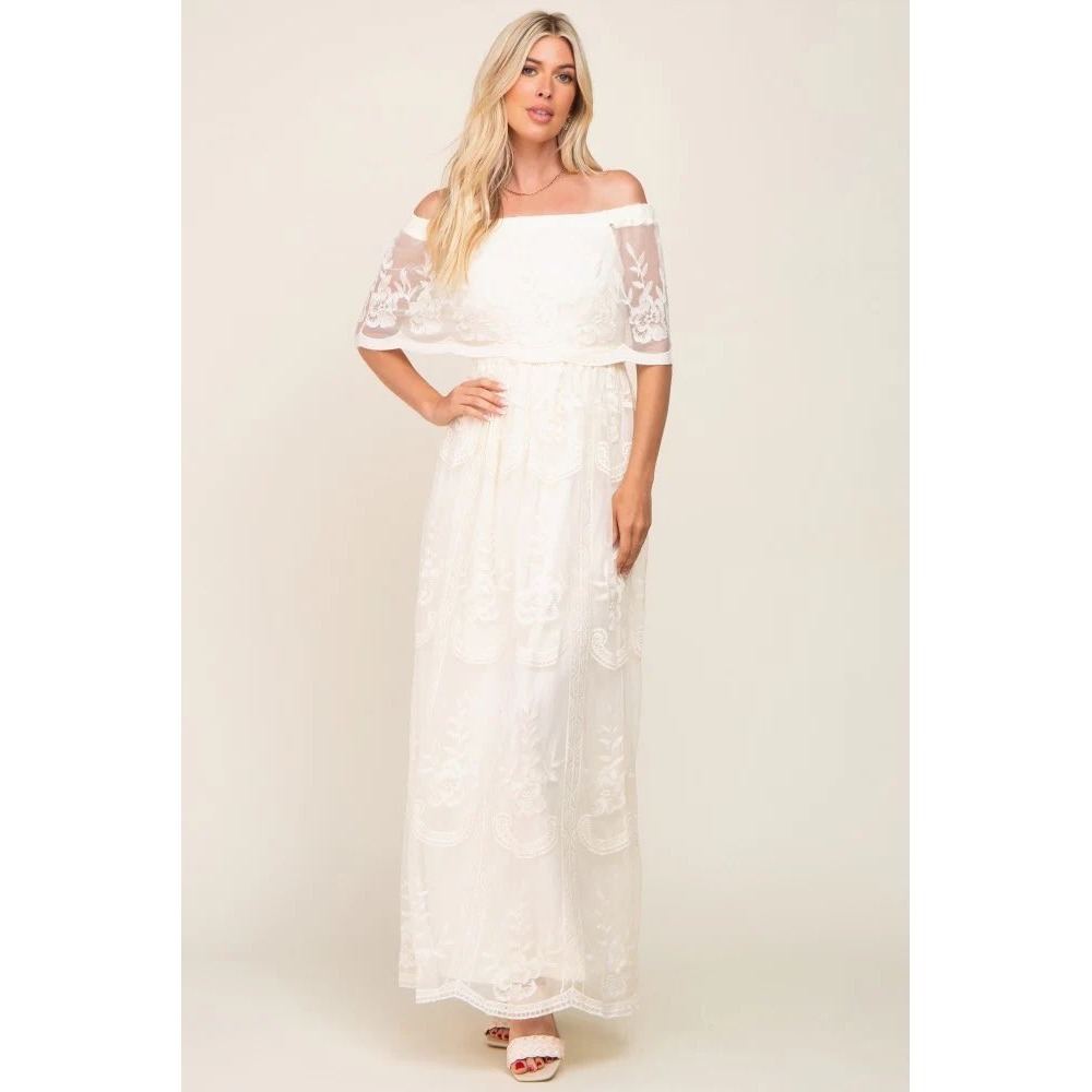 Pinkblush White Off-Shoulder Embroidered Maxi Dress